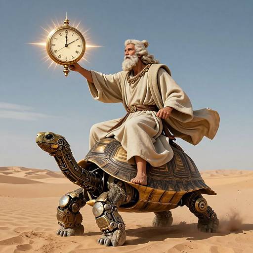 Photograph of an elderly bearded man with white hair, wearing a beige robe, riding a robotic turtle in a desert, holding a glowing clock.