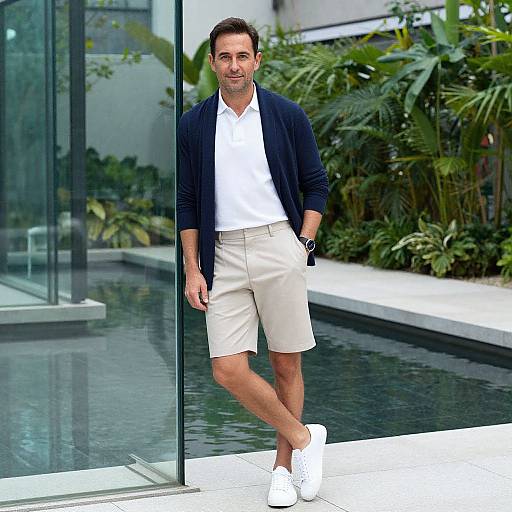 Photograph of a smiling, middle-aged man with short brown hair, wearing a white shirt, beige shorts, navy cardigan, and white sneakers,