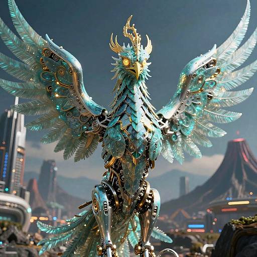 Digital artwork of a glowing, cybernetic blue phoenix with golden horns, spread wings, and intricate metallic feathers, standing in a futuristic cityscape with