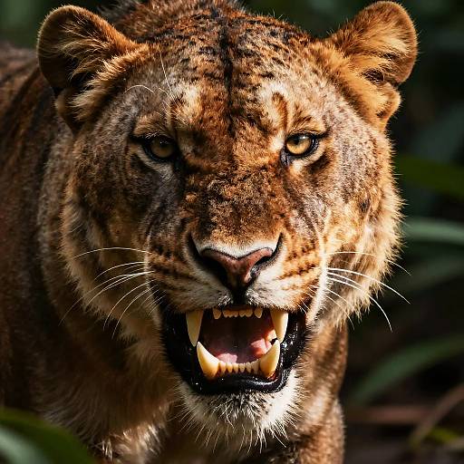 Close-up photograph of a fierce tiger with intense yellow eyes, open mouth showing sharp teeth, and detailed brown and black striped fur against a blurred green jungle
