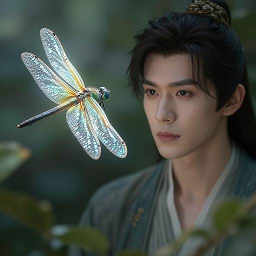 Photograph of a young Asian man with black hair, wearing traditional gray kimono, gazing at a glowing, iridescent dragonfly in a