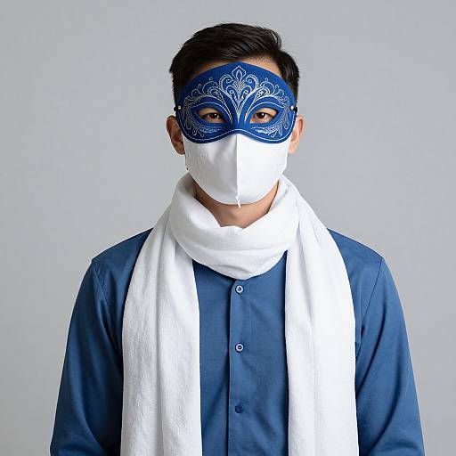 Photograph of a young man with short black hair, wearing a blue ornate masquerade mask, white face mask, blue button-up shirt,