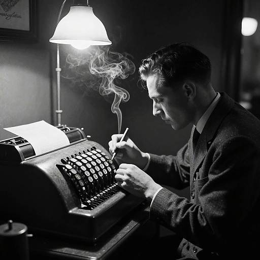 Black-and-white photograph of a man in a suit, smoking, typing on a vintage typewriter under a glowing lamp. Smoke curls upward. Dim,