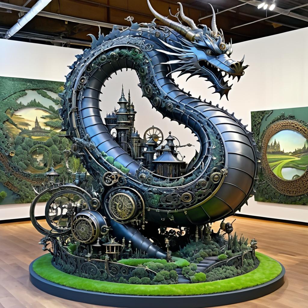 Intricate Steampunk Dragon Sculpture in Fantasy