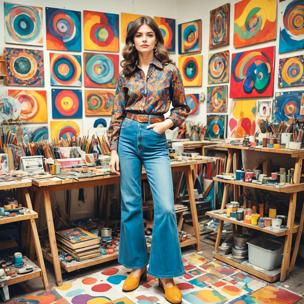 Artistic 70s Fashion in Vibrant Studio