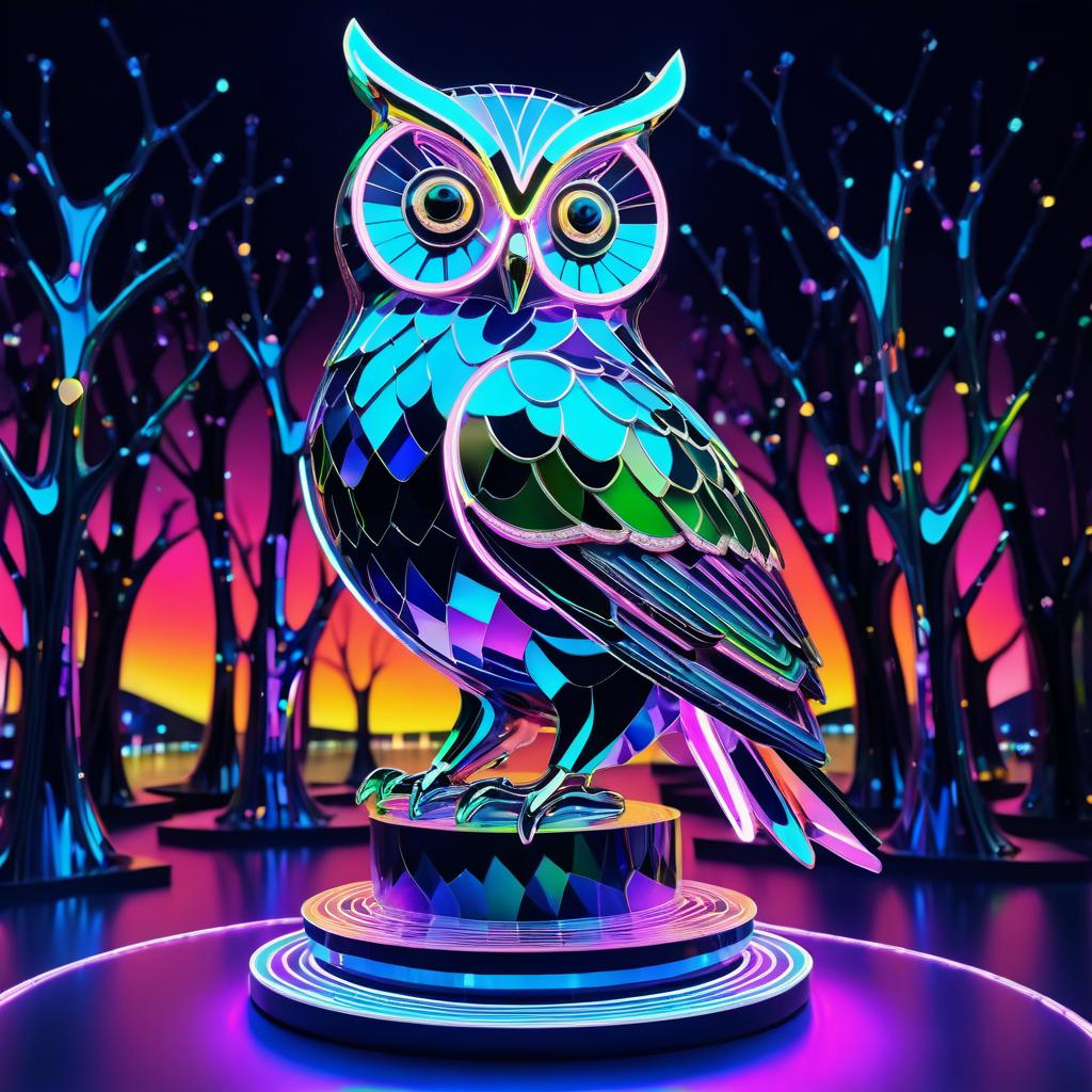 Surreal Neon Chrome Owl Sculpture