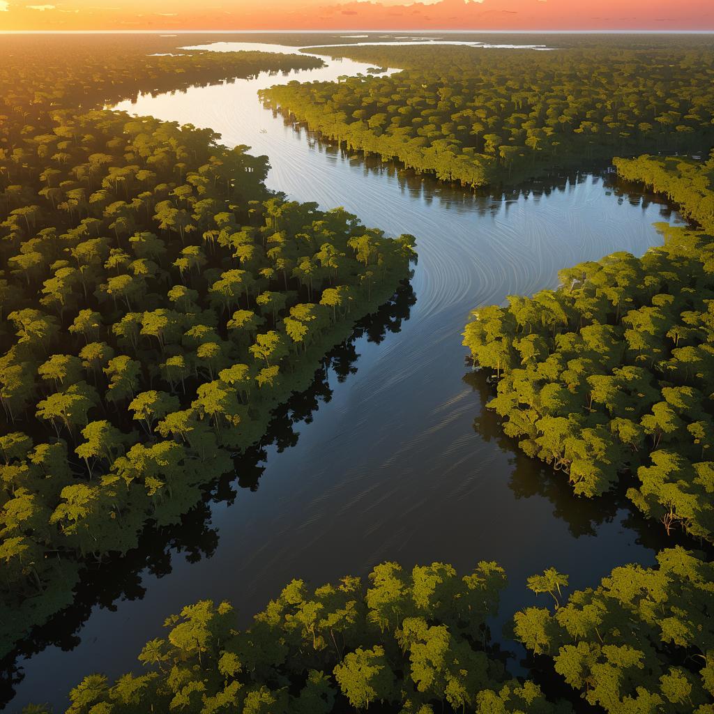 Aerial View of Mangrove Swamp at Sunset