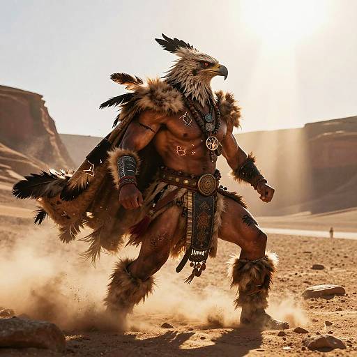 Photograph of a muscular, anthropomorphic eagle warrior with brown fur, black feathers, and tribal armor, running through a dusty desert landscape with sunlit