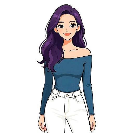 Digital anime-style drawing of a cute woman with long purple hair, wearing a navy off-shoulder top and white high-waisted pants.