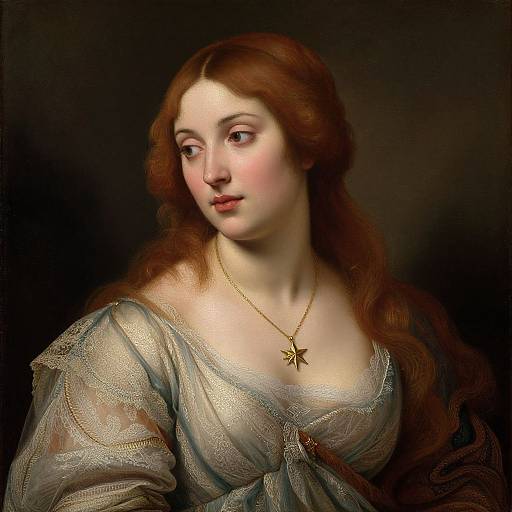 Digital painting of a fair-skinned, red-haired woman with gentle features, wearing a gold star pendant, lace-trimmed dress, against a dark
