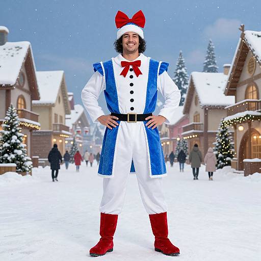 Photograph of a smiling man with long black hair, wearing a blue and white costume with red bow, boots, and hat, standing in a snowy