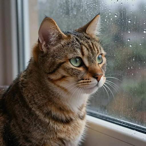 Detailed Tabby Cat on Rainy Windowsill