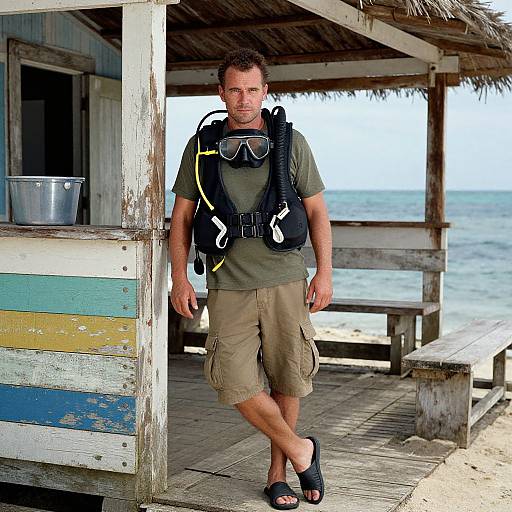 Photograph of a muscular man in a scuba vest, sunglasses, and khaki shorts, standing under a rustic beach shack with a sea view.