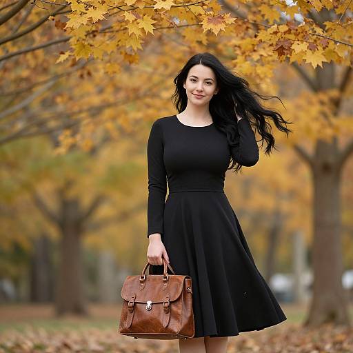 Photograph of a smiling woman with long black hair, wearing a black dress and holding a brown leather handbag, standing in an autumn park with golden