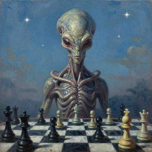 Digital painting of a skeletal, alien-like figure with large eyes, playing a chessboard under a starry blue sky. Black, white, and gold
