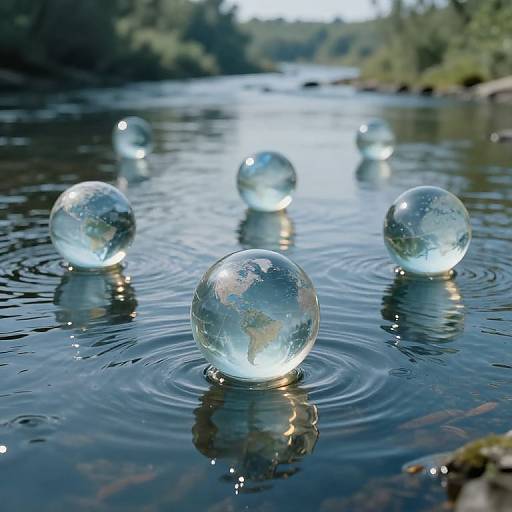 Photograph of six transparent glass spheres floating on a calm river, reflecting light and ripples, set against a lush, forested background.
