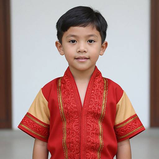 Photograph of an Asian boy with short black hair, wearing a red and gold embroidered traditional Chinese shirt, smiling against a blurred white and brown background.