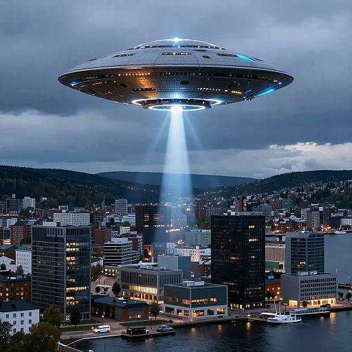 Futuristic UFO Over Oslo Cityscape