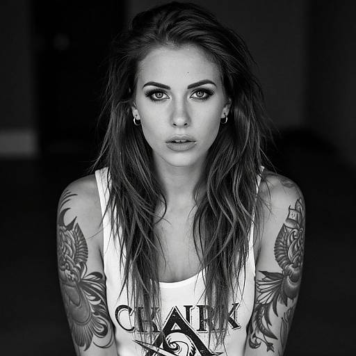 Black-and-white photograph of a tattooed woman with long, wet hair, wearing a white tank top with 
