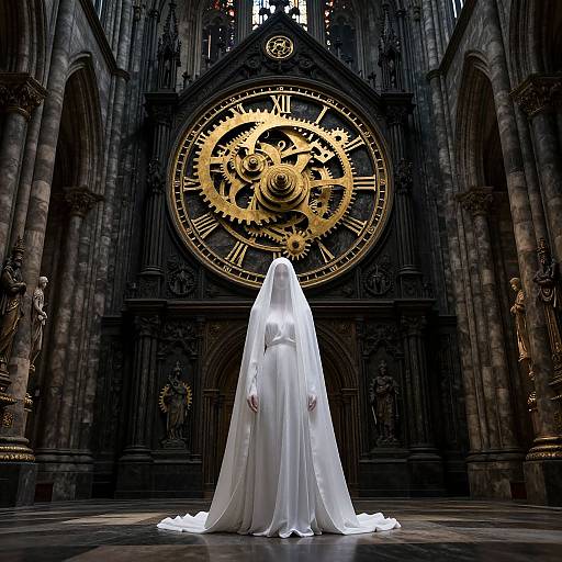 Photograph of a white-robed figure with a hood standing before an ornate, large golden clock in a gothic cathedral.