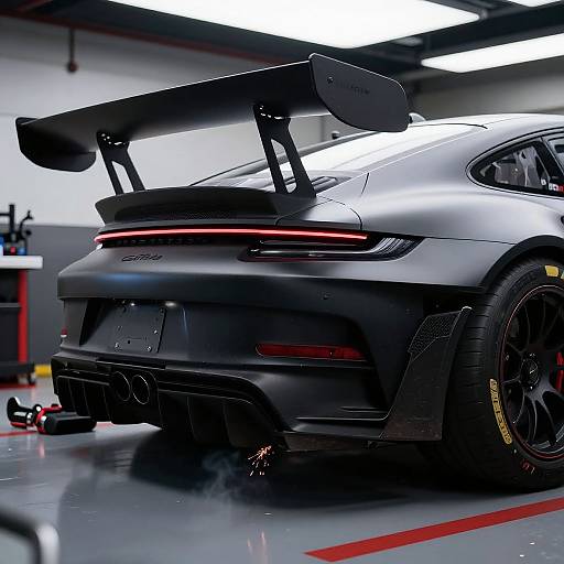 Photograph of a sleek, silver Porsche 911 with a large black rear wing and red LED taillights in a modern garage.