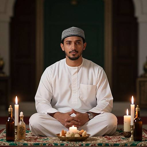 Photograph of a bearded Middle Eastern man in white traditional attire and black-and-white checkered cap, meditating with candles and water bottles on a