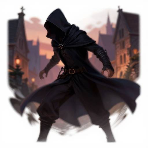 Digital illustration of a hooded, shadowy figure in a flowing dark cloak, set against a sunset-lit, medieval town with gothic buildings.