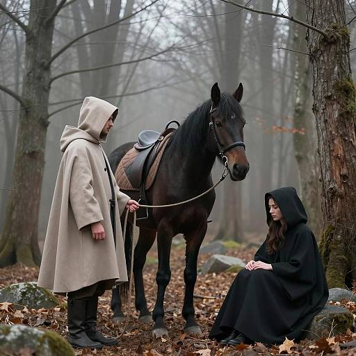 Mysterious Forest Encounter with Cloaked Figures