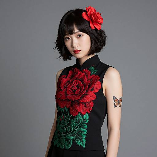 Woman in Floral Shirt with Butterfly Tattoo