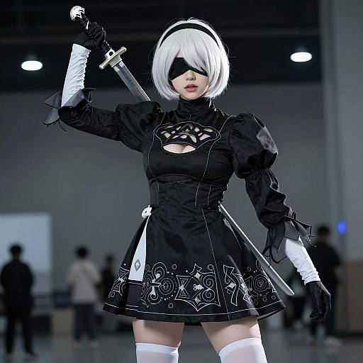 Intense Cosplayer in Black and White