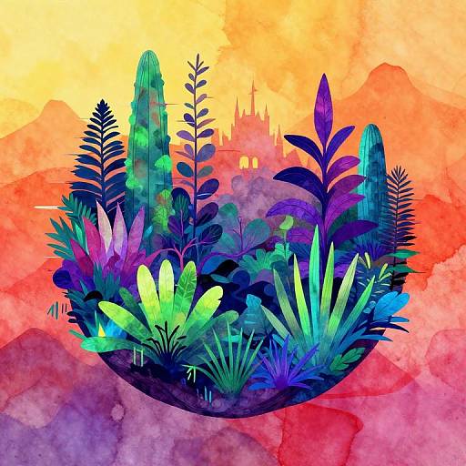 Vibrant watercolor painting of a lush, multicolored plant arrangement with cacti and various leaves, set against a warm, orange-yellow