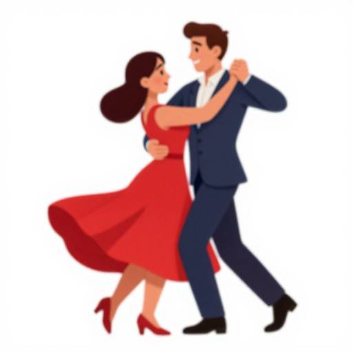 Digital illustration of a dancing couple: a woman in a red dress and red heels, and a man in a blue suit, white shirt, and black