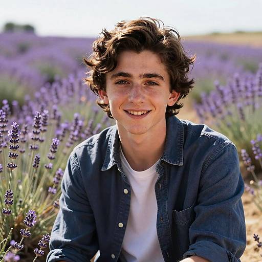 Photograph of a smiling young man with wavy dark brown hair, wearing a blue denim shirt over a white t-shirt, seated in a sunlit