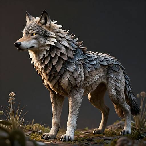 Digital artwork of a detailed, realistic gray wolf with layered, feather-like fur, standing on mossy ground against a dark, blurred background.