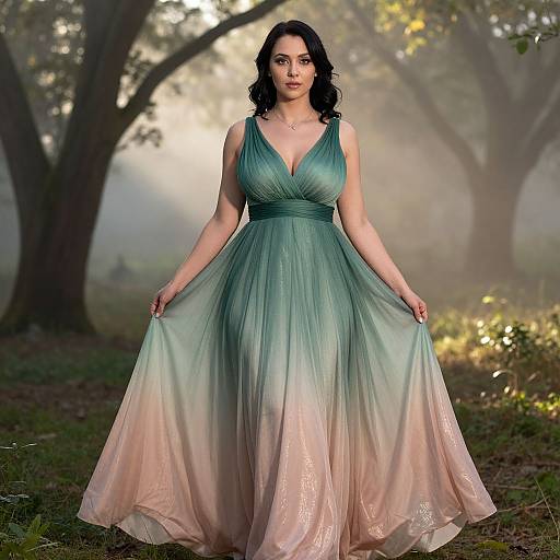 Photograph of a fair-skinned woman with dark hair, wearing a teal-to-pink, V-neck, floor-length gown, standing in a mist