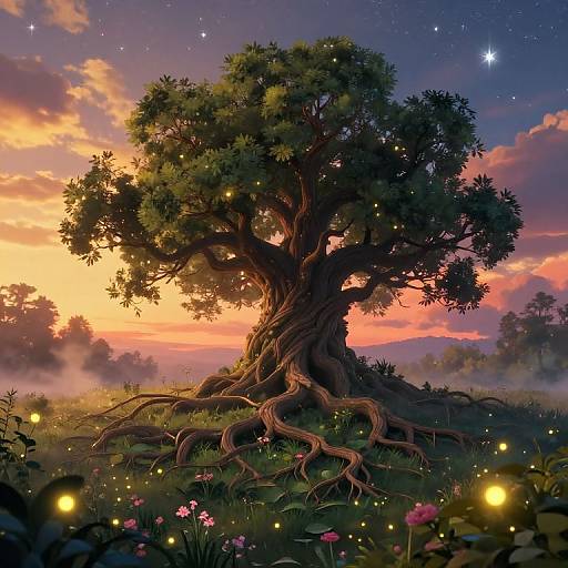 Whimsical Dreamscape with Ancient Tree