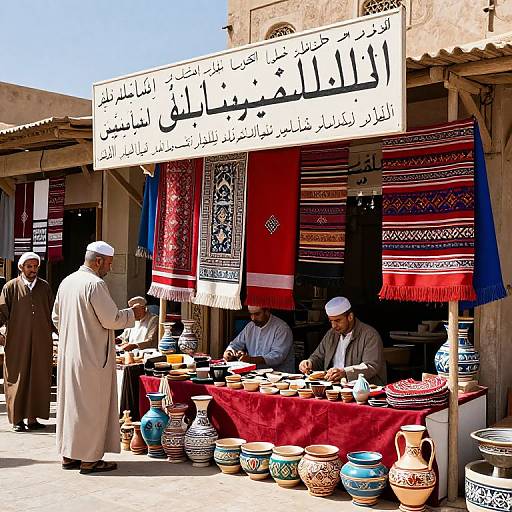 Photograph of a traditional Middle Eastern pottery stall with three men in white caps, colorful patterned textiles, and various ceramic jars. Arabic sign overhead.