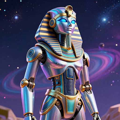 Digital art: Glowing, metallic Egyptian robot with blue eyes, gold and turquoise striped headdress, standing in a starry, galaxy-filled space background