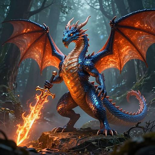 Blue Dragon with Flaming Sword
