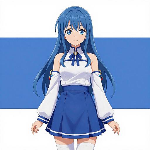 Anime-style digital drawing of a cute blue-haired girl with large blue eyes, wearing a white blouse, blue skirt, and white sleeves, against a blue