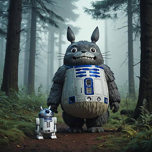 Totoro and R2-D2 Fusion in Foggy Forest
