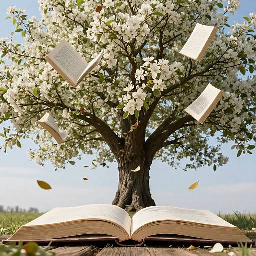 Photograph of an open book under a blooming white-flowered tree, with floating pages against a bright blue sky.