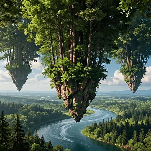 Digital artwork of floating tree islands with lush greenery, hanging above a winding river and dense forest landscape under a bright blue sky.