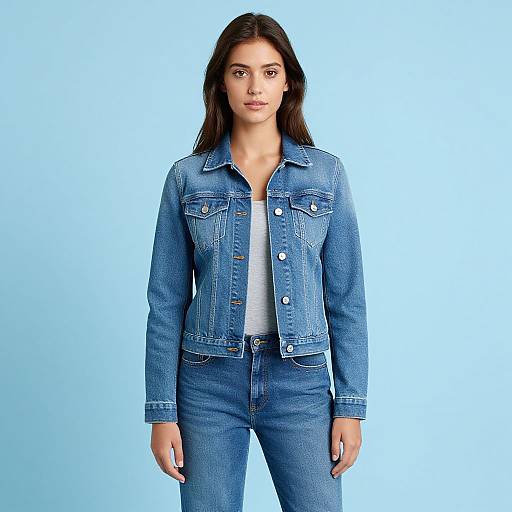 Photograph of a young woman with long dark hair, wearing a blue denim jacket and matching jeans, standing against a light blue background.