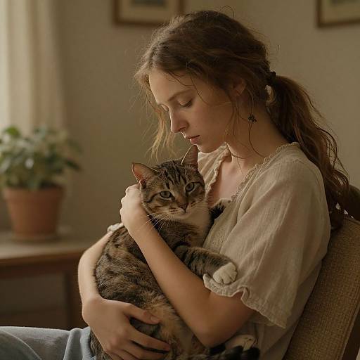 Photograph of a young woman with long brown hair in a ponytail, wearing a beige blouse, cradling a tabby cat on her lap