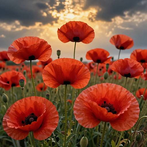 Photograph of vivid red poppies in full bloom against a dramatic sunset sky with dark clouds, capturing the flowers' delicate petals and vibrant colors.