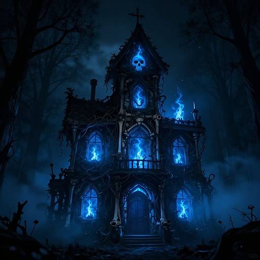 Gothic, haunted mansion illuminated with eerie blue flames, surrounded by fog, dark trees, and skeletal figures in a digital art style.