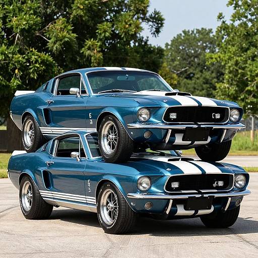 Photograph of two blue, white-striped muscle cars stacked horizontally, sunny outdoor setting with trees in background, showcasing shiny chrome details.