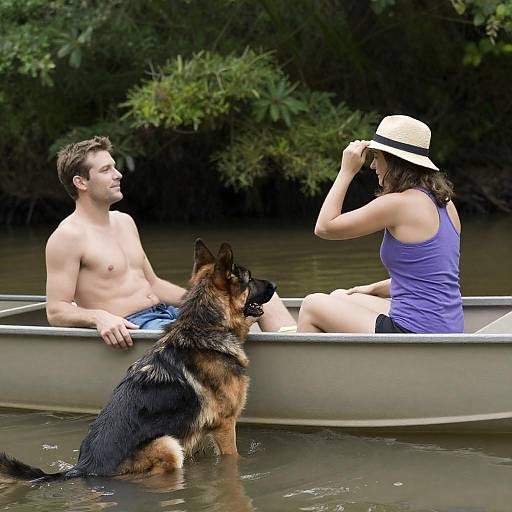Couple and Dog on a Serene River