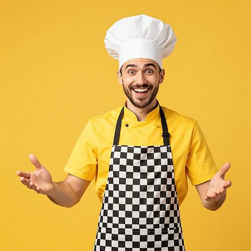 Photograph of a smiling male chef with white hat, yellow shirt, black-and-white checkered apron, and yellow background, gesturing with open